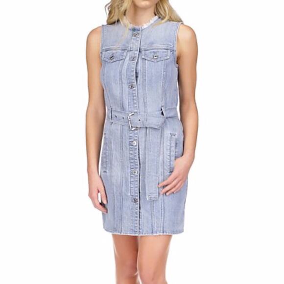 MICHAEL Michael Kors Frayed Neck Belted Seamed Denim dress sky haze wash - 8P - Picture 1 of 11